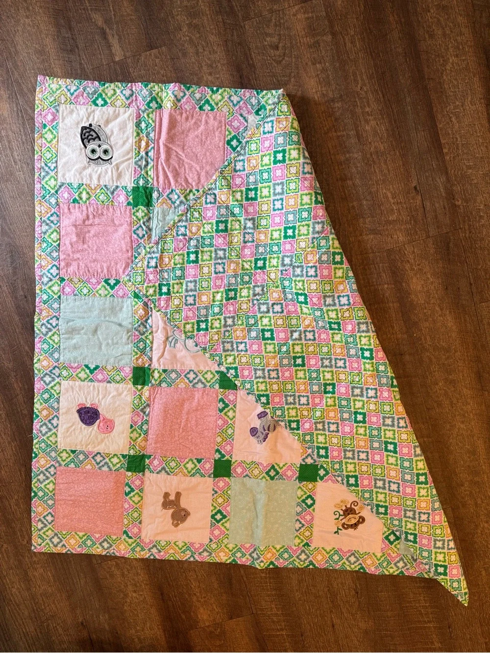 Handmade Pastel Patchwork Baby Quilt with Animal Appliqués - Pink & Mint
